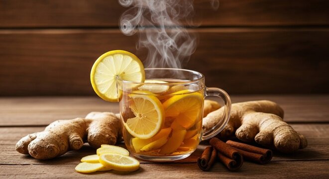 Steaming hot cup of ginger and lemon tea with cinnamon sticks, a healthy and comforting drink.