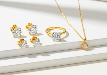 Flat lay of gold jewelry set with diamond ring earrings and pendant necklace on white surface