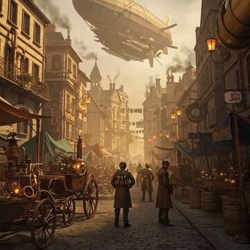 Steampunk city street with airship overhead