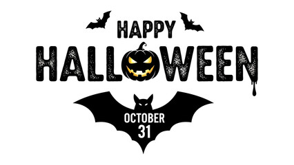 Fototapeta premium Happy Halloween with Pumpkin and Bats: A festive Halloween design features a grinning jack-o'-lantern at the center.