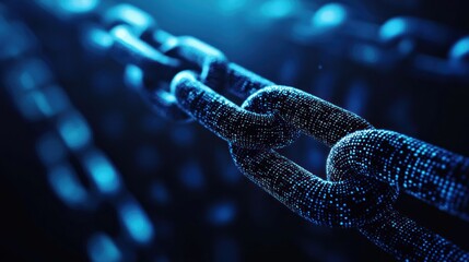 A blue chain with a digital, pixelated texture, representing blockchain technology.