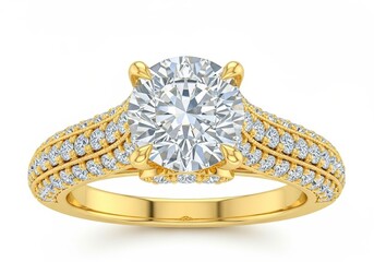 Luxurious engagement ring with round cut diamond in gold setting white on transparent background