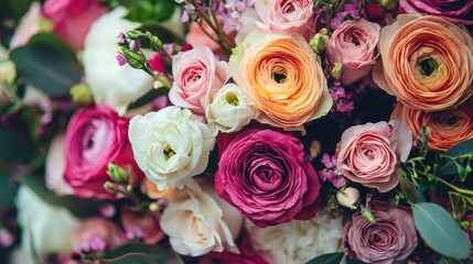 A vibrant bouquet of pink and white flowers, including ranunculus and roses, arranged in a lush, green foliage background.
