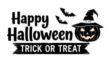 Happy Halloween - Trick or Treat: A festive Halloween design, featuring a carved pumpkin with a witch hat and playful bats, alongside the text Happy Halloween and Trick or Treat in a classic.