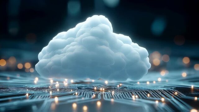 Futuristic glowing cloud icon on digital circuit board background, symbolizing modern cloud computing technology