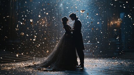 Romantic Couple Dancing Under Confetti Shower.