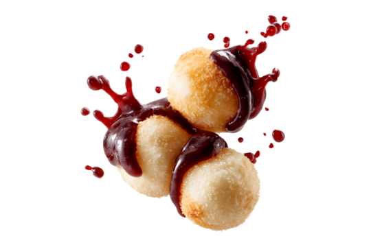 Fried dough balls with berry sauce splash floating in the air isolated on transparent background