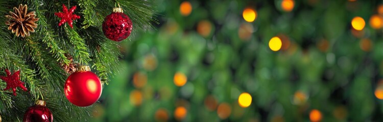 Christmas Tree Decoration with Red Ornaments and Lights.
