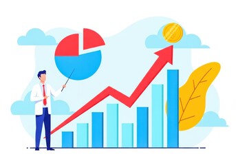Flat illustration of a businessman in a points to a rising bar graph and pie chart, symbolizing financial growth and success