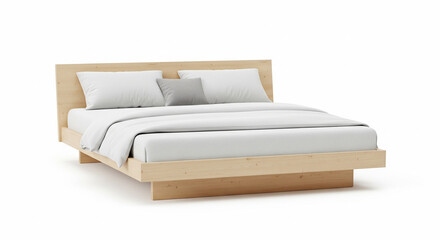 Modern Wooden Bed Frame with White Duvet and Pillows on an Isolated transparent background