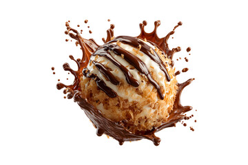 Fototapeta premium Fried coconut ball with chocolate and white drizzle floating in the air isolated on transparent background