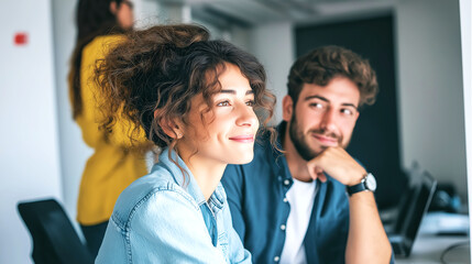 Young professionals in modern workspace, engaged in discussion, diverse coworkers collaborating, bright and inviting atmosphere.