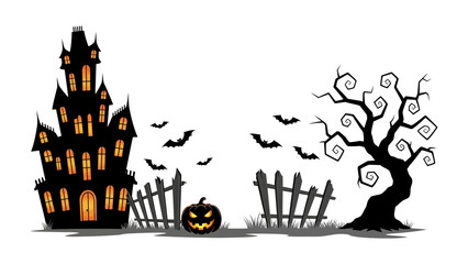 Spooky Halloween Illustration: A festive graphic featuring a silhouette of a haunted house, a grinning pumpkin, and flying bats, perfect for capturing the eerie atmosphere of Halloween.