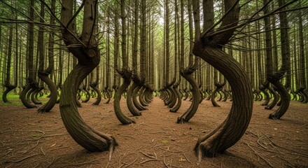 Mysterious Curved Trees in a Deep Forest with Gnarled Trunks and Dense Foliage, Creating an Ethereal and Unique Woodland Landscape