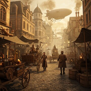 Steampunk city street with airship and pedestrians