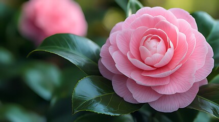 Close-Up of a Blooming Bright Pink Camellia: Layered Petals, Glossy Green Leaves & Soft Pink Bokeh Background Highlighting Its Elegance