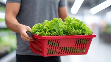 Male shopper holding a red basket filled with fresh green lettuce in a grocery store aisle, showcasing healthy eating choices and vibrant produce selection