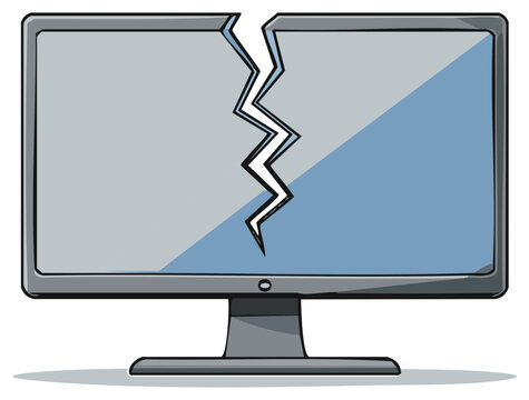 Cartoon illustration of a cracked computer monitor screen, broken technology