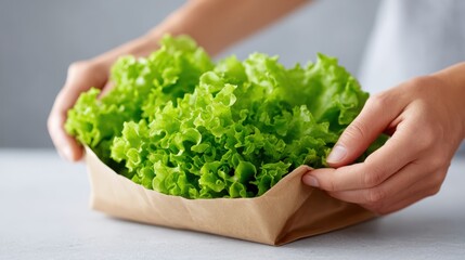 Fresh green lettuce being held in hands, wrapped in eco-friendly paper, showcasing vibrant colors and textures, emphasizing healthy eating and sustainable practices