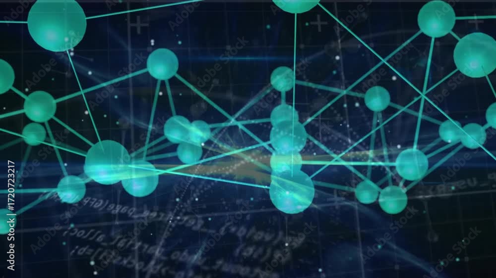 Leinwandbilder code scrolling fading causing green spheres network rotating and pulsing showing data flow