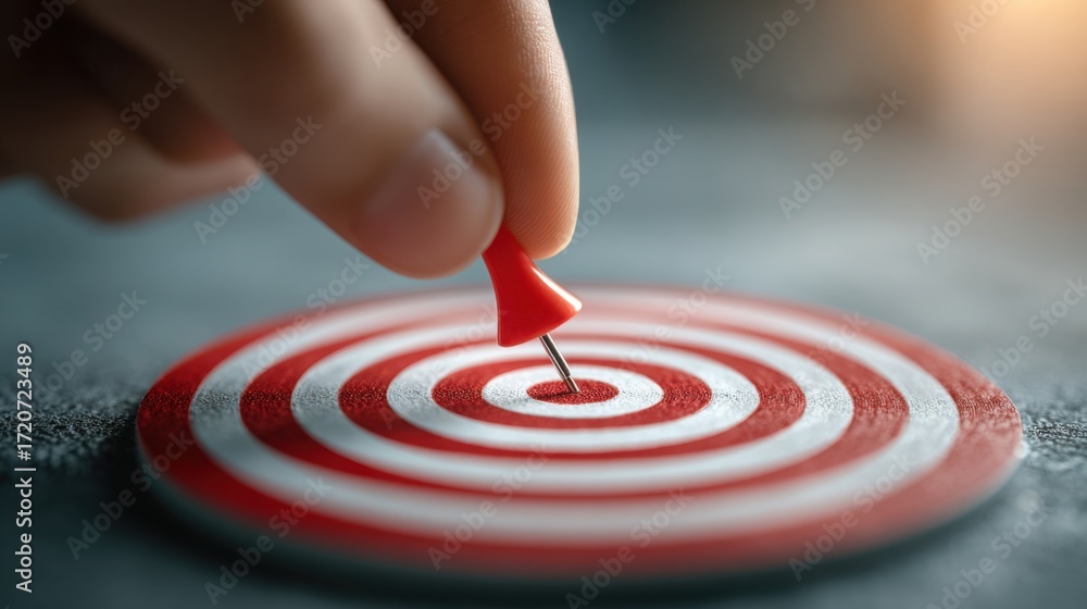 Poster person's finger touching a red dart on symbolizing precision and goals within ai product roadmap dev
