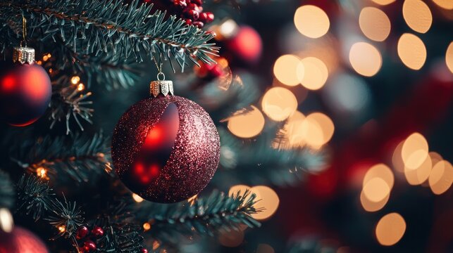 A Christmas tree adorned with red and gold ornaments and twinkling lights, with a blurred background of holiday lights.