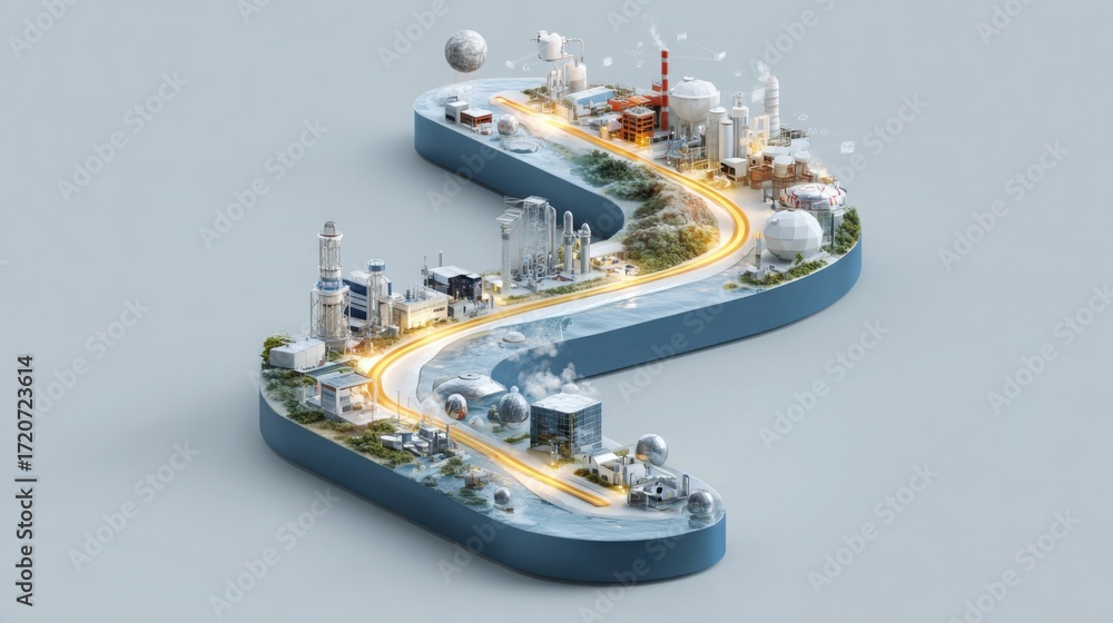 Poster urban cityscape with a road traversing through it demonstrating connectivity in an ai research and d