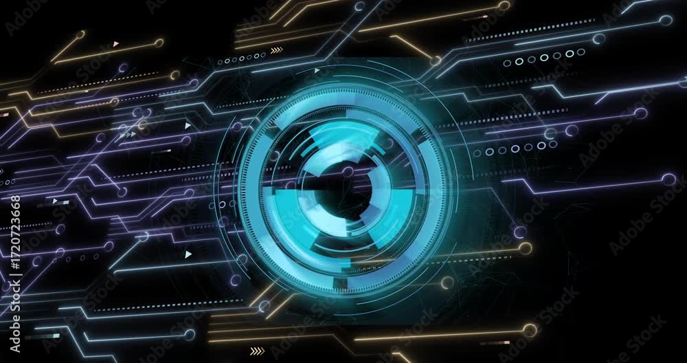 Aufkleber on animation start cyan interface emerging pulsing rings extending neon lines visualizing data flow