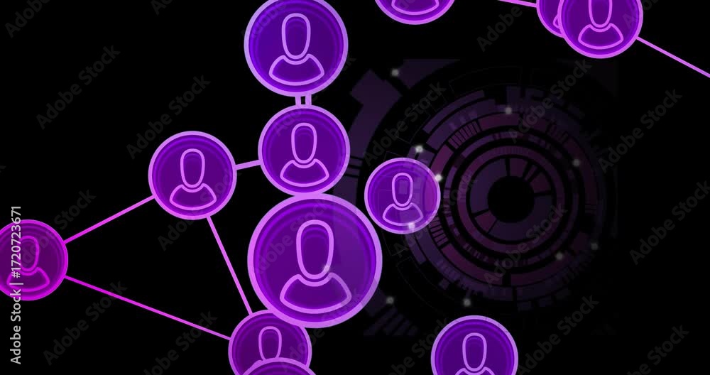 Aufkleber on black void hud, purple user-icon nodes drifting, linking via neon lines into rotating 3d network