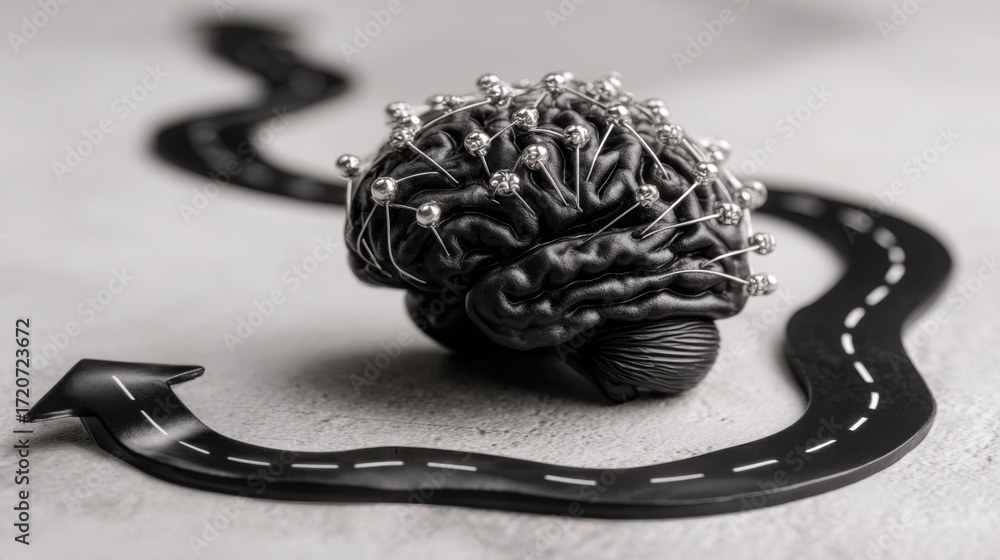Poster a unique visualization of a brain with a road running through it symbolizing the pathway of ai resea