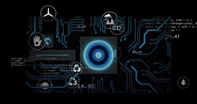 opening dark grid causing hub pulsing, icons fading, code scrolling, visualizing eco data