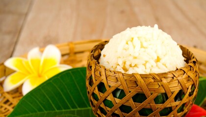 Cooked rice served in a woven basket, alongside tropical flower and leaf