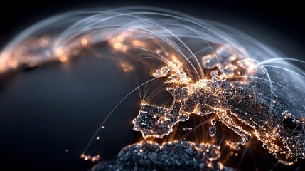 Blurred abstract digital art of globe connected by glowing lines representing global internet connectivity, data exchange networks, and worldwide communication systems in motion