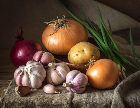 Rustic harvest still life with garlic onion potato