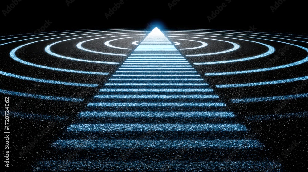 Poster spiraling pattern representing a roadmap and linear path leading to a central bullseye in conceptual