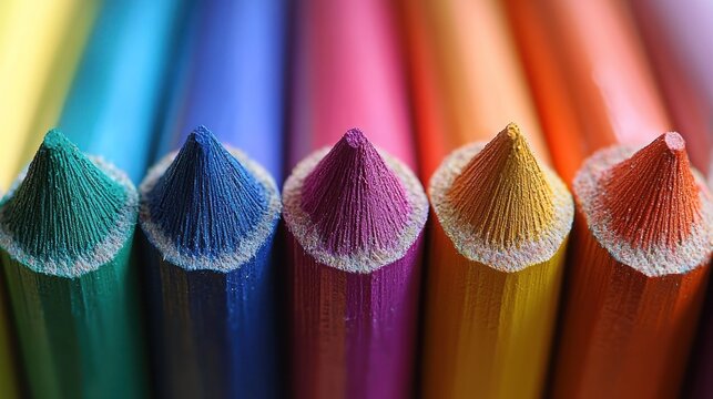 A close-up of a row of colorful pencils with a gradient of colors from blue to orange.