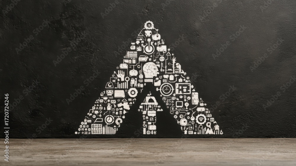 Poster a striking black and white image of a pyramid composed of various icons representing knowledge and s