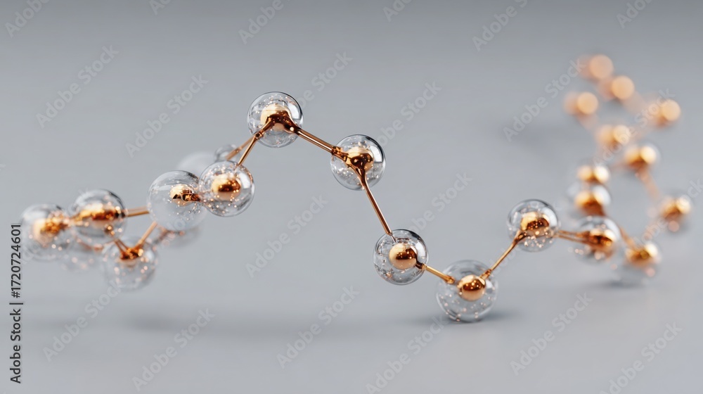 Poster molecular structure with small spheres representing the chain-style concept of blockchain future gro