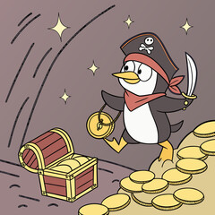 Vector art of a cartoon penguin pirate with a treasure chest full of golden coins, wearing a pirate hat and bandana, holding a sword and a coin, standing in a cave with stars shining above