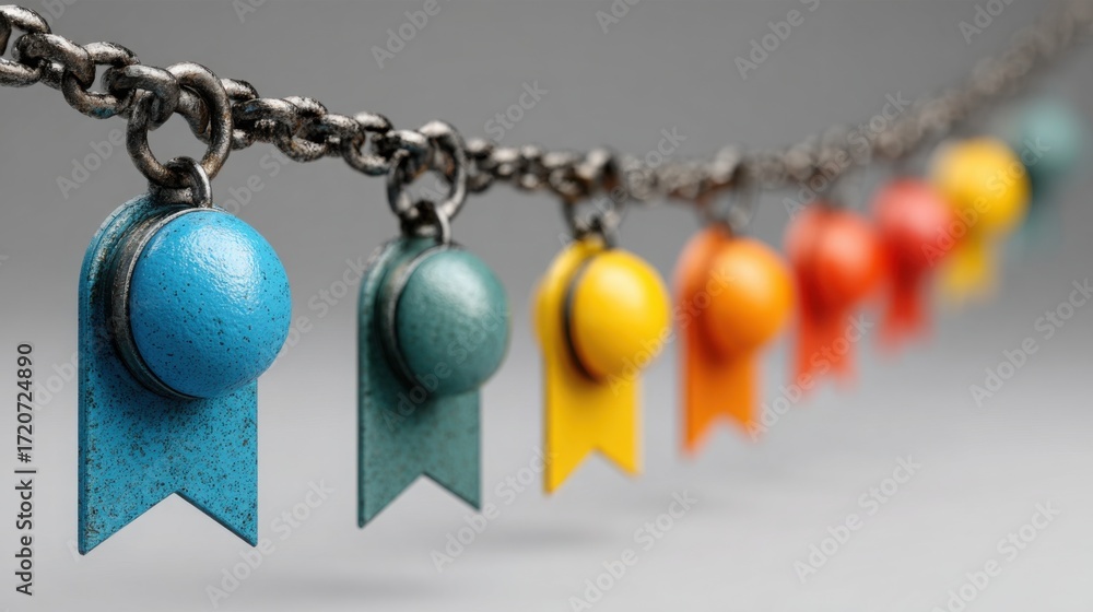 Poster chain adorned with colorful plastic beads illustrating milestone tracking and connection in blockcha