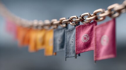 Chain with a flag hanging from it symbolizing milestones and success in blockchain tracking and development journey