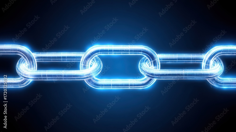 Poster chain adorned with glowing blue lights illustrating the concept of connection and progress in blockc