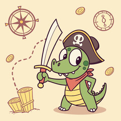 Vector art of a cheerful cartoon alligator pirate with a sword, compass, and gold coins, creating a playful and adventurous scene