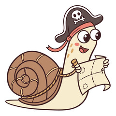 Vector art of a cheerful cartoon snail pirate holds a treasure map, wearing a pirate hat with a skull and crossbones