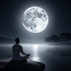 A serene individual meditates by a tranquil lake bathed in moonlight, focusing on inner peace under a large, luminous moon.