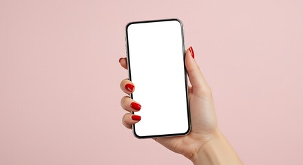 Elegant woman holding modern smartphone with blank screen, perfect for app promotion or mobile website showcase with stylish red nails