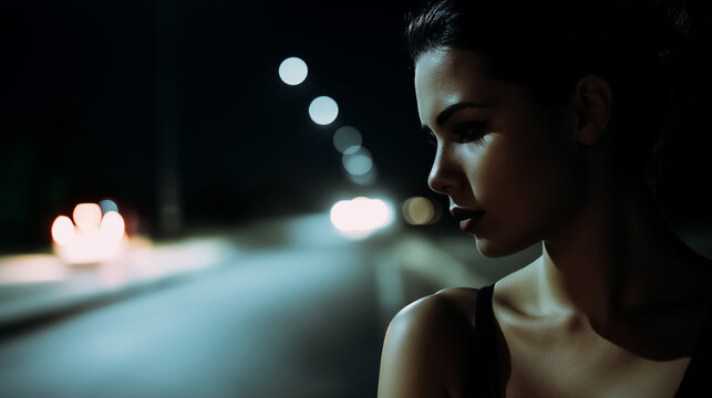 Flickering Streetlight Embrace: Young Woman's Intense Expression, Half-Body Shot, Cinematic Shadows, Dark Urban Background, Soft Glow, DSLR 50mm f/1.8, ISO 400, Realistic Detail
