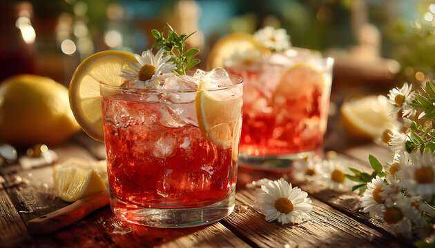 Two spring cocktails with ice and lemon slices, beautifully arranged on a table, ideal for warm weather enjoyment