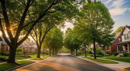 Fototapeta premium Golden Hour on a Serene Tree-Lined Residential Street with Lush Greenery and Dappled Sunlight in a Suburban Neighborhood