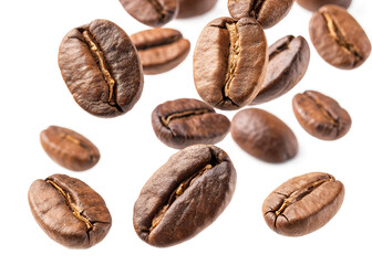 Falling Roasted Coffee Beans on a White Background